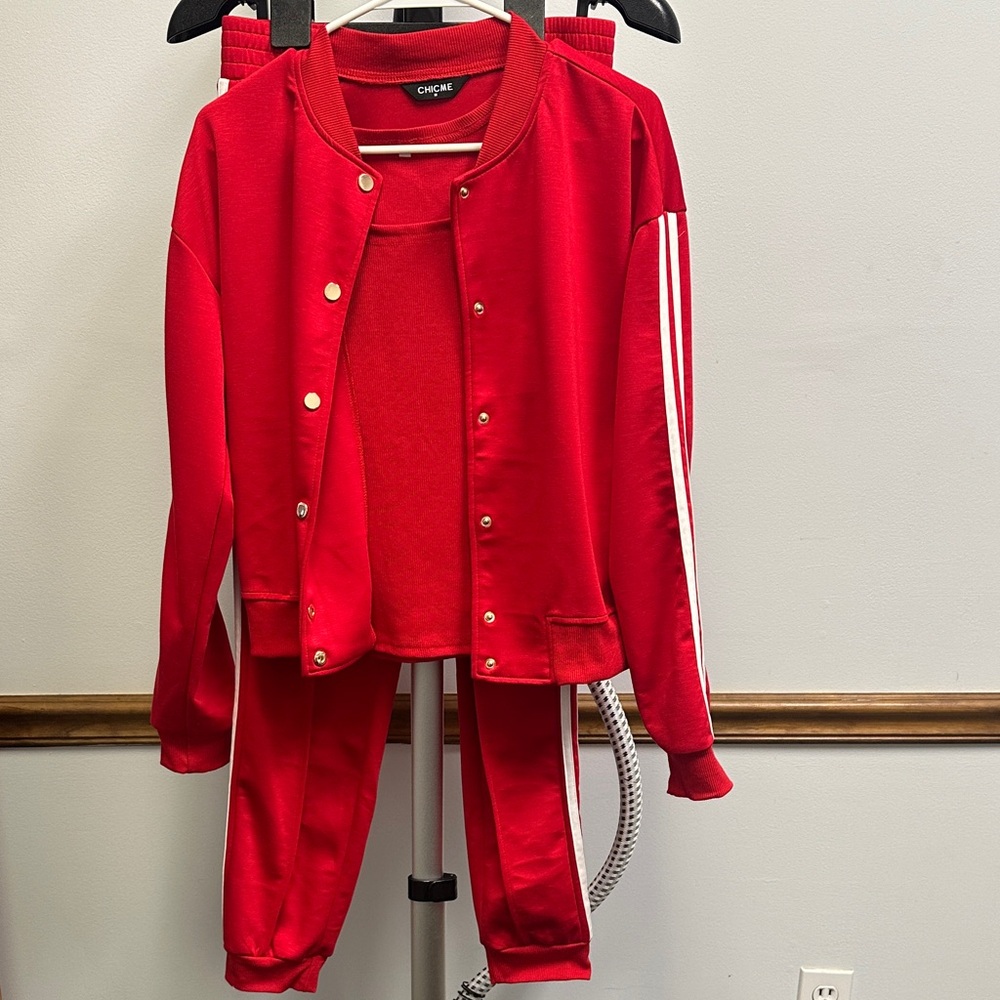 Red Tracksuit with White Stripes
